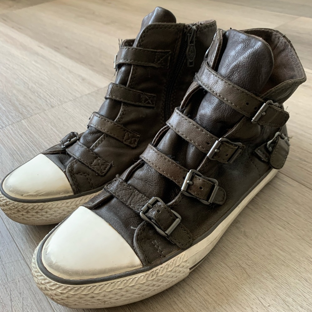 Ash brown leather high-top sneakers